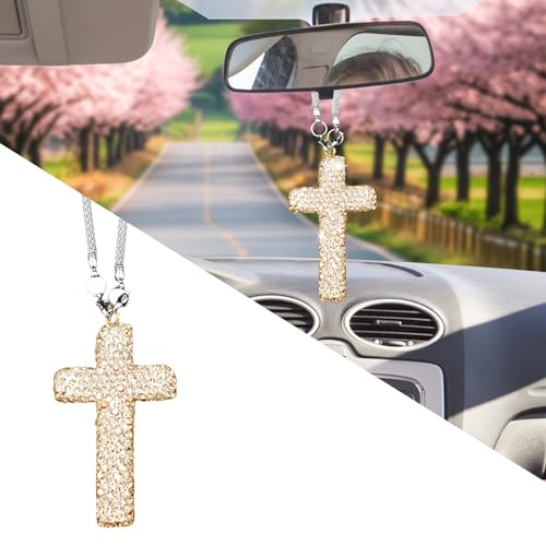 Bling Car Rear View Mirror Accessories Hanging Pendant,Cross Crystal Rhinestone For Car Mirror Hanging,Double-Sided Cross Diamond Religious,Interior Men Women Car Accessories - color: Gold