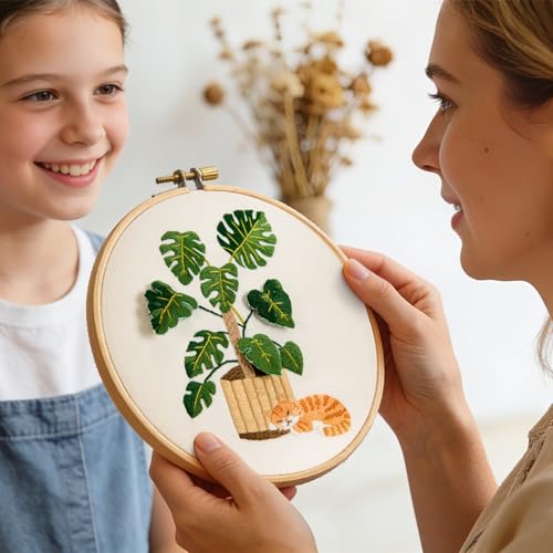 Monstera Embroidery Kits for Beginners Adults, Cat Hand Embroidery Kits, Potted Plant Cross Stitch Kits for Beginners DIY Craft Kits for Adult Women, Entire Set of Embroidery Supplies & Video Tutorial - color: H1068, size: 8Inch