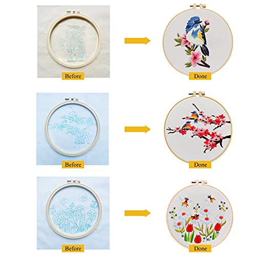 Yutaohui 3 Sets Birds Embroidery Kit with 1 Embroidery Hoop, Birds, Bee, Flower Embroidery Kits for Beginners, Bird Embroidery Kit for Adults, Starter. - color: red flowers
