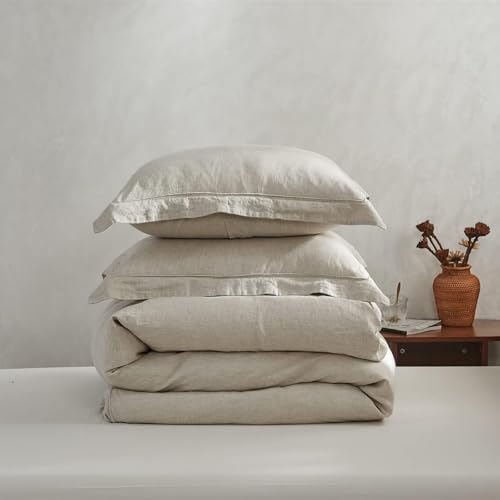 Simple&Opulence 100% Linen Duvet Cover Set with Embroidery Border Washed - 3 Pieces (1 Duvet Cover with 2 Pillow Shams) with Button Closure Soft Breathable Farmhouse - Linen, Full Size - color: Linen, size: Full