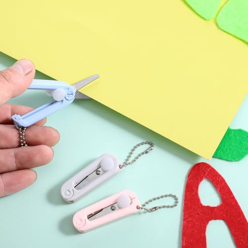 3 Pcs Keychain Scissors Mini Folding Scissors Portable Travel Pocket Scissor for Badge Reel, Scrapbook, Crafts, Pink, White, Blue