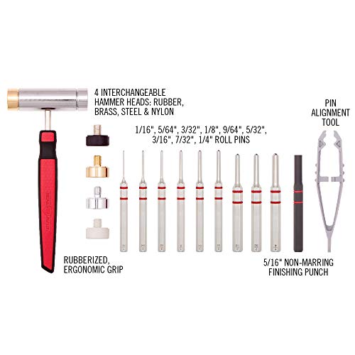 Real Avid Roll Pin Punch Set & Hammer + Non-Slip Magnetic Bench Block | 10 Nickel-Plated Steel Roll Pin Punches, 4 Interchangeable Hammer Heads - Brass, Steel, Ruber, Nylon & Non-Marring Bench Block