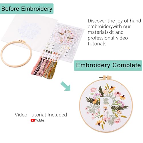 Harimau Letter R Pattern Embroidery Kit for Adult Beginners, Complete Starter Pack with 1 Hoop, Needles, Instruction Guide & Embroidery Stitch Video Tutorials - color: R