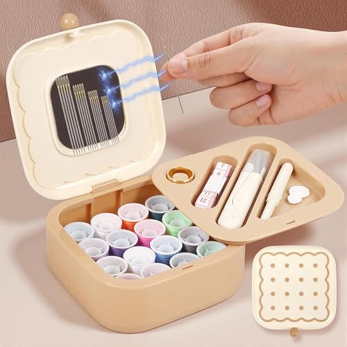LOTOFUN Small Sewing Kit Box: Cookie Design Portable 2-Layer Organizer Magnetic Needle and Thread Kits Holder Basic Case - Travel Emergency Clothes Repair for Adults (Beige) - color: Beige