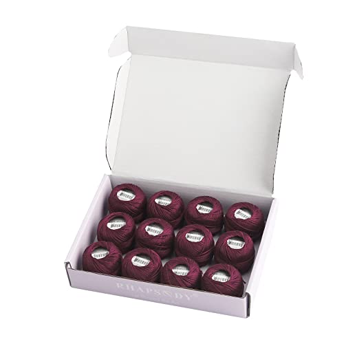 Rhapsody Pearl Cotton Thread Size 8 Crochet Thread Perle 12 Balls Set Hand Knitting, Embroidery, Sashiko, Cross-Stitch, Sewing, Needlepoint, DIY, Quilting (DK Garnet, Col. 122) - color: DK Garnet, Col. 122