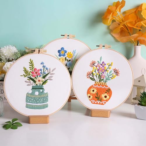 GLTAYLMY 3 Pack Embroidery Starter Kit with Pattern, Stamped Cross Stitch Kits for Beginners Adults with Embroidery Hoop and Instructions, Hand Embroidery Kit - color: Floral123