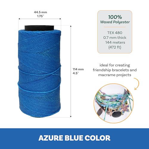 The Beadsmith Knot It Waxed Polyester Cord – Azure Blue Color – 0.7mm Diameter – Light Wax, 144 Meters (472 Feet) Per Spool – Make Jewelry, Macrame, Friendship Bracelets and DIY Crafts - color: Azure Blue