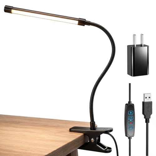 Clip on Reading Light for Books in Bed: Adjustable Dimmable Gooseneck Eye Caring LED Small Desk Table Lamps with Clamp: 3 Modes Lighting Night Lamp for Bed Headboard - Bedside（with Power Adapter）