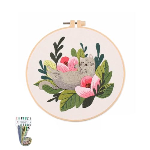 artcici Embroidery Kits Cute Cat Flower Patterns for Beginners Adults, Full Range Embroidery Starter Kits Cross Stitch Needlework Supplies (Flower) - color: Flower