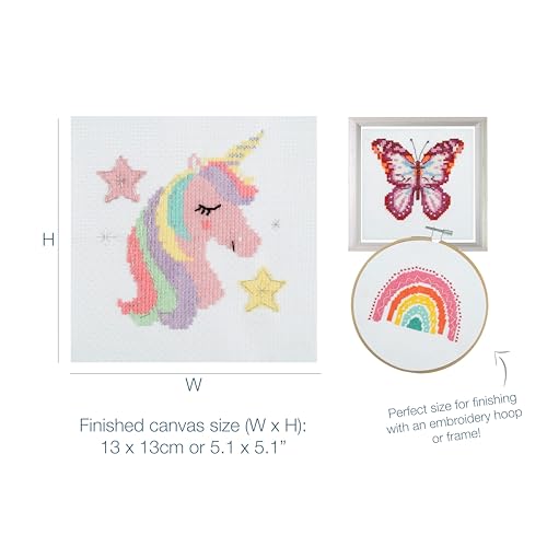 Trimits 3PK Cross Stitch Bundle – Counted Embroidery Kit, Beginner & All Level Starter Set, Complete with Instructions & Thread Children Wall Home DIY Décor – 13x13cm – Rainbow, Unicorn, Butterfly - style: Rainbow, Unicorn, Butterfly