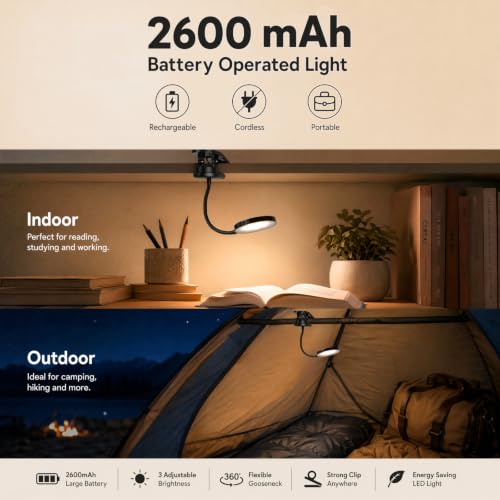 Clip on Light, Stepless Dimmable & 3 Colors Touch Control Clip On Bed Light. Dorm Room Essential 2600mAh Rechargeable Battery Powered Lamp. Flexible Clip On Lamp for Desk/Bedside/Headboard - color: Black