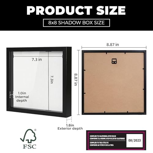 Muzilife 8x8 Small Shadow Box Wood Picture Frame, Tempered Glass, Black - color: Black, size: 8x8