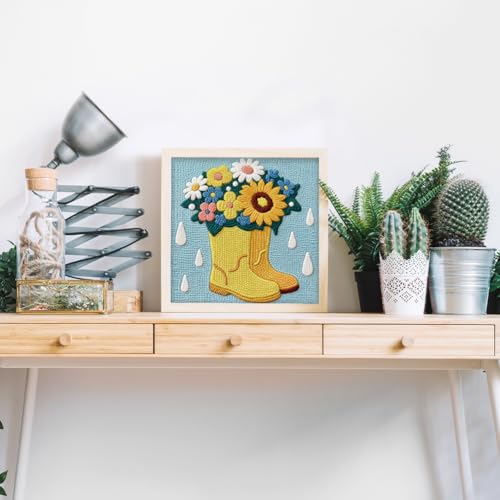 Doodlream Flower Rain Boots Needle Kit for Beginner, 9.4"x 9.4" Sunflower Daisy Punch Stitching Craft Set, Color DIY Embroidery Starter with Printed Frame, Instruction, Threader, Yarn, Pinch Needle - color: Rain Boots