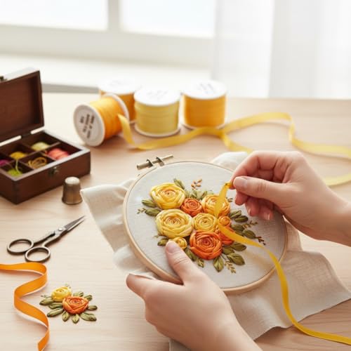 Yellow Orange Tones 4mm 100% Pure Silk Ribbon, 5 Spools (10 Meters Each) - size: 4 MM