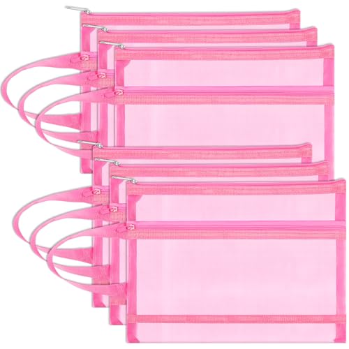 6 Pack Mesh Zipper Pouch Bags, Double Layer Nylon Pouch with Handle for Office Travel Organization (Pink, A4) - color: Pink, size: A4