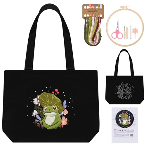 ERKOON Embroidery Canvas Tote Bag for Beginners, Floral Arts Crafts Cross Stitch Kits for Adults Including Stamped Embroidery Bag with Hoops, Needle, Instruction and Color Threads (Frog) - color: Frog