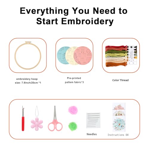 JOINRUN Beginner Embroidery Kit for Adults, 3 Pack with Video Tutorial - color: Flower