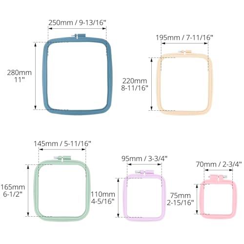 QWORK Square Embroidery Hoops - 5 Sizes, ABS Plastic, Adjustable Screw, 5 Pieces for DIY Embroidery Craft