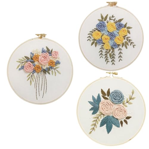 LEISURE ARTS Embroidery Kit, 3 Pc. Floral, 6" Embroidery Kit for Beginners and Adults, Cross Stitch Kits with Patterns, DIY Starter Kit for Hand Stitching Crafts