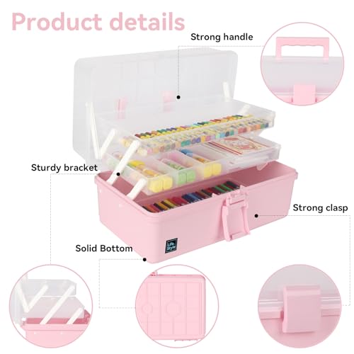 WEWLINE Hair Accessories Organizer 13-Inch Art Supply Bin Sewing Box 3-Layers Craft Storage Organizer with Handle Pink Tool Tackle Box Storage Great Gift for Kids - color: PINK