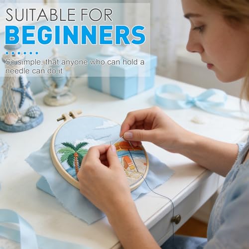 ElasignShopo Ocean Embroidery Kit for Beginners Adults, Easy Cross Stitch Kit Spring Summer Beach Ocean Pattern Embroidery Starter Kits with Wooden Hoop Needles Threads Display Stand and Instruction - color: Ocean Beach