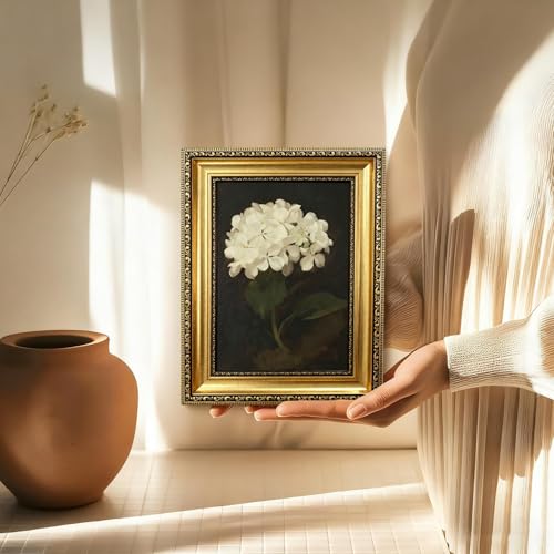 Gold Framed White Hydrangea Flower Wall Art,Vintage Floral Canvas Painting - color: Hydrangea Gold Framed, size: 11"L x 9"W