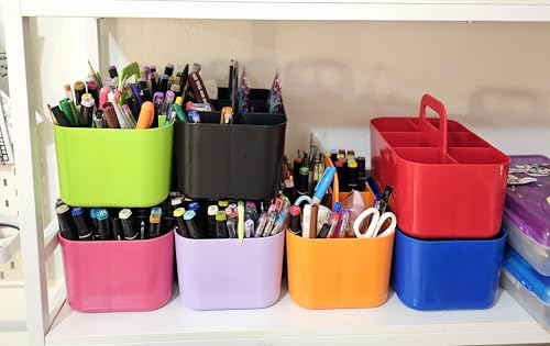 2 Pack Small 6 Compartment Multiuse Caddy Organizer with Handle Art Craft Supplies, Office, Desk, Stationery Pen Holder Stackable- Made In USA (Red) - color: Red