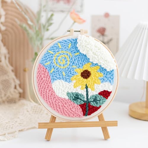 Woohome Punch Needle Kit Included Plastic Hoops, Punch Needle Cloth, Color Yarn and Punch Needle Tools for Adults, Beginners (Moon and Sunflower) - color: Color 11