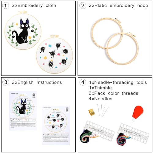 Cat Embroidery Starter Kit for Beginners Adults, Animal Stamped Cross Stitch Kit for Adult Beginner, Hand Embroidery Needlepoint Kits, 2 Set Embroidery Supply, 2 Hoops (Attached Video Tutorial) - color: Black Cat, size: 8inch