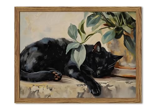 Framed Black Cat Canvas Wall Art, Vintage Sleeping Cat with Plant Picture Wall Decor Paintings, Cute Animal Poster Prints Rustic Aesthetic Home Decor for Living room Bedroom Bathroom 8x10 inch - color: Black Cat, size: 10"L x 8"W