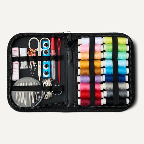 Amazon Basics Portable Travel Sewing Kit for Adults, Includes Threads, Needles, Scissors, Buttons, Thimbles, Measuring Tape, Threader, Seam Ripper and Safety Pins, Black