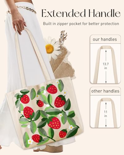 Miss Adola Lightweight Embroidery Canvas Tote Bag - color: Leaf Strawberry
