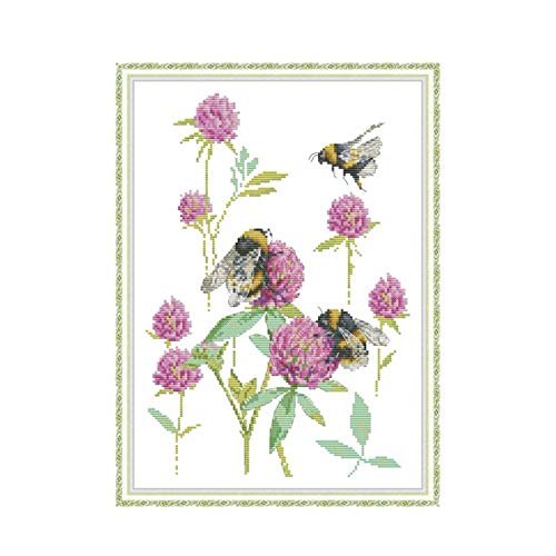CaptainCrafts Cross Stitch Kits for Adults Stamped Bumblebee Needlecrafts - color: Bumblebee Picking Flowers, style: Stamped
