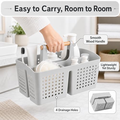 Portable Shower Caddy Basket with 3 Compartments and Handle, Light Gray - color: Light Gray