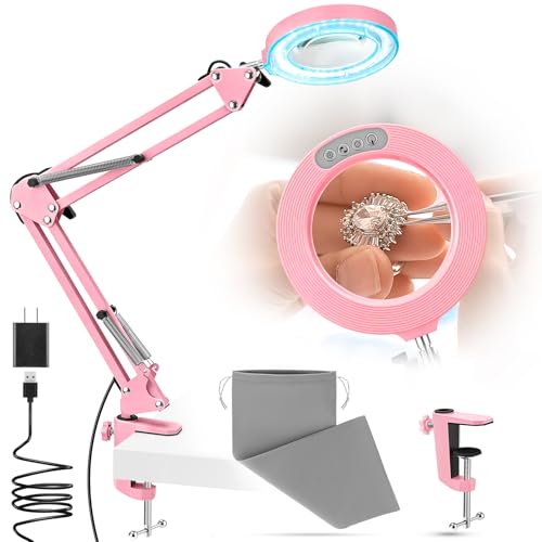 10X Magnifying Glass with Light and Stand,Hands-Free Desk Magnifier - color: Pink Magnifying Glasses With Light