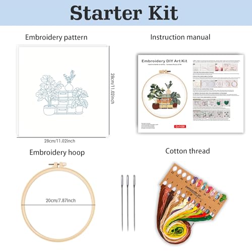 spicssa Embroidery Kit for Beginners, Hand Needlepoint Kits for Adults with Pre-Stamped Patterns, 7.8-Inch Hoop, Threads & Needles, Step by Step Instructions - color: green plants B