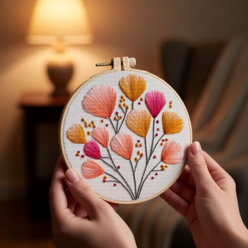 JJFox Embroidery Kit for Beginners and Adults, DIY Hand Embroidery Starter Kit with Cute Pattern, Cross Stitch Needlepoint Set with Hoop, Threads and Instructions (Flower-2) - color: Flower-2