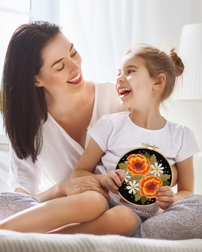 ERKOON Embroidery Kit for Beginners, Flower Cross Stitch Set Include Embroidery Cloth Hoops Threads for Craft Lover Hand Stitch with Embroidery Skill Techniques (Floral) - color: Floral