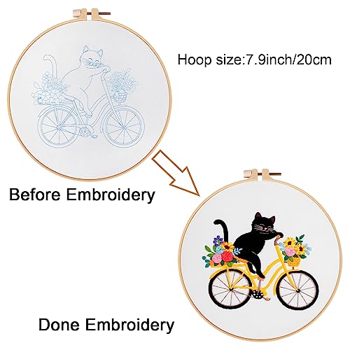 Louise Maelys Cat Bicycle Embroidery Kit for Beginners Floral DIY Craft - color: kit-20