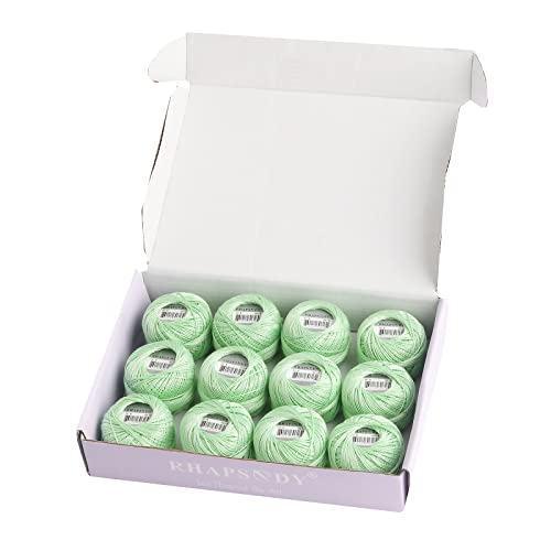 Rhapsody Pearl Cotton Thread Size 8 Crochet Thread Perle 12 Balls Set Hand Knitting, Embroidery, Sashiko, Cross-Stitch, Sewing, Needlepoint, DIY, Quilting (LT Nile Green, Col. 618) - color: LT Nile Green, Col. 618