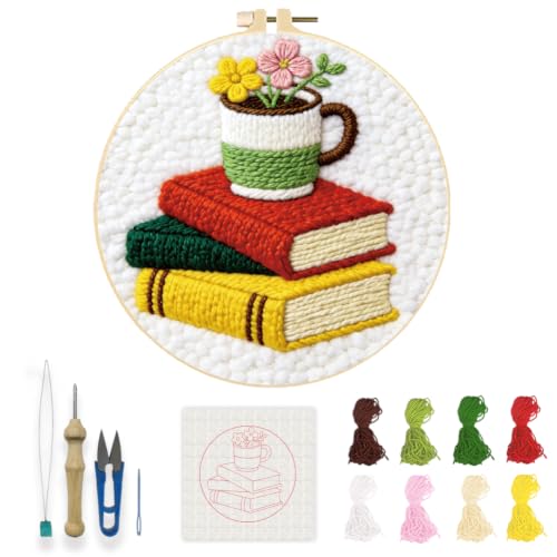 INFUNLY Books Flowers Punch Needle Kit for Beginners Floral Punch Needle Embroidery Kits for Adults 8.7''x8.7'' DIY Punch-Stitching Kit with Instruction Threader Needles Round Hoop for Wall Decor