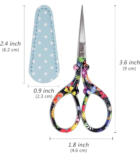 3.6 inch Sharp Embroidery Scissors for Sewing with Premium Leather Sheath - color: Black Flower