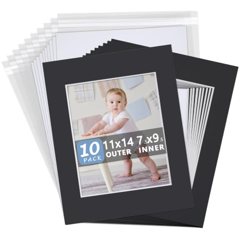 Somime 10 Pack 11x14 Black Picture Mat Kit for 8x10 Photo with Bevel Cut - size: 11x14 10pack black complete set for 8x10