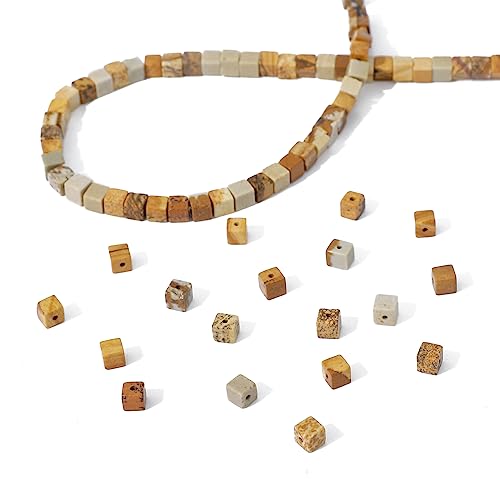 BEADIA Natural Brown Picture Jasper Square Stone Beads 4x4mm 85pcs Cube Loose Semi Gemstone Beads for Jewelry Making Design - color: Brown Picture Jasper