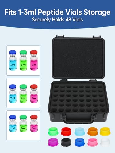 Peptide Case | Peptides Vials Case, Vial Storage+Vial Caps (3ml - 48Slots) - color: 48-shots×3ml + 10 Vial Caps (Black)