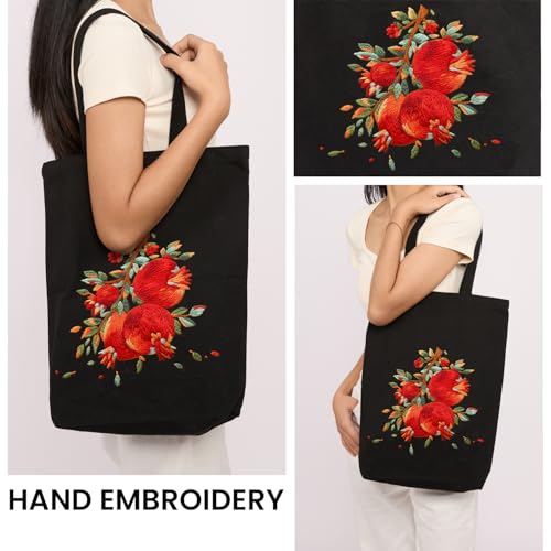 CREAWONDER Canvas Tote Bag Embroidery Kit with Pattern for Beginners, Arts and DIY Embroidery Crafts Kits for Adults, Include Instructions, Embroidery Hoops, Color Threads and Tool - color: CR002 shiliuranran black