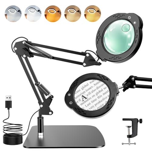 10X 30X Magnifying Glass with Light and Stand, Real Glass Lens Magnifying Lamp, Hands-Free LED Desk Magnifier with 5 Color Modes, 3 Brightness Levels for Crafts, Reading, Sewing, Electronics & Jewelry - color: Base & Clamp