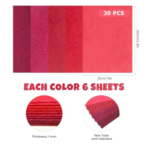 30Pcs Stiff Felt Sheets, 1mm Thick Felt Fabric Squares for Sewing & DIY - color: Red Series