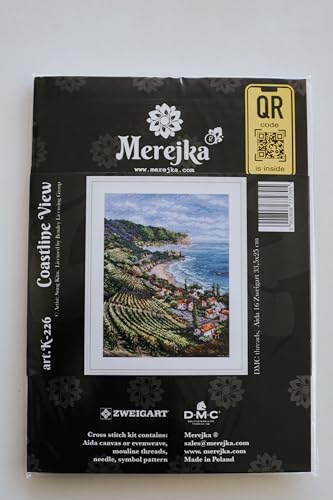 Merejka Counted Cross Stitch Kit for Adults — Coastline View (K-226) — Zweigart 16-Count Ecru Aida, DMC Mouliné Threads, John James Needle — 40 Colors — 33.5x25 cm (13.2x9.8 inches)