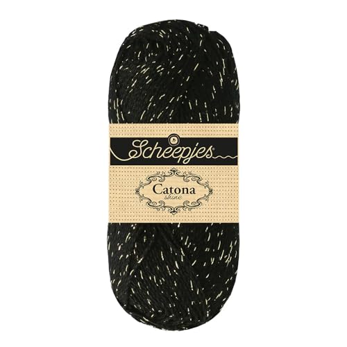 Scheepjes Catona Shine Cotton-Metallic Crochet Thread, 50g - Jet Black/Gold - color: 110-G Jet Black - Gold
